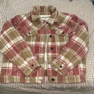 Wrangler Cropped Brown and Pink Plaid Sherpa Jacket